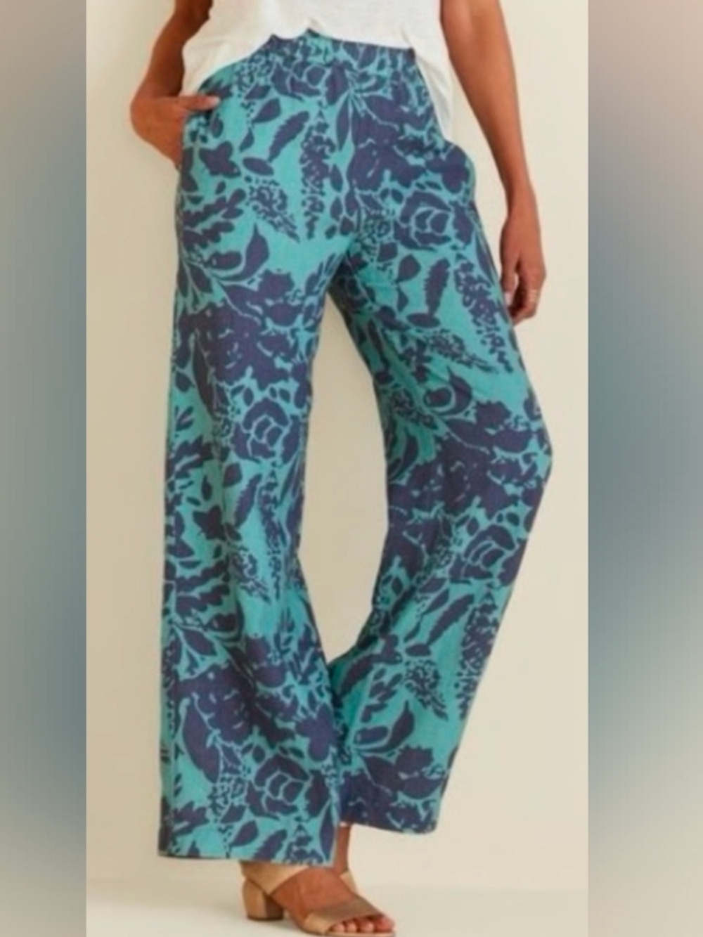 Soft Surroundings Linen Tropical Wide-Leg Floral Print Pants In Teal And Navy